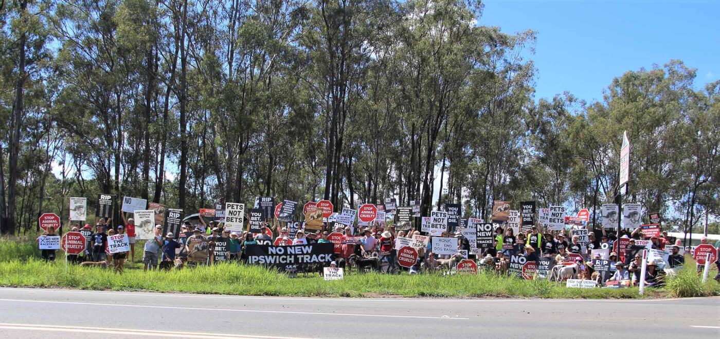 Protesters at the site of a proposed greyhound track