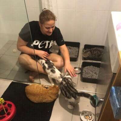 Angela with cats rescued from flooded vets