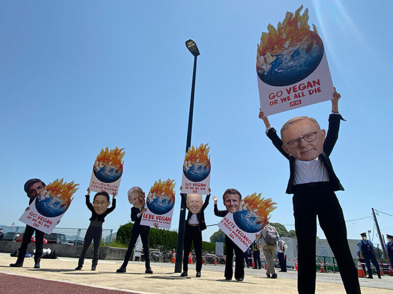 Activists dressed as world leaders brandishing 'go vegan' signs.