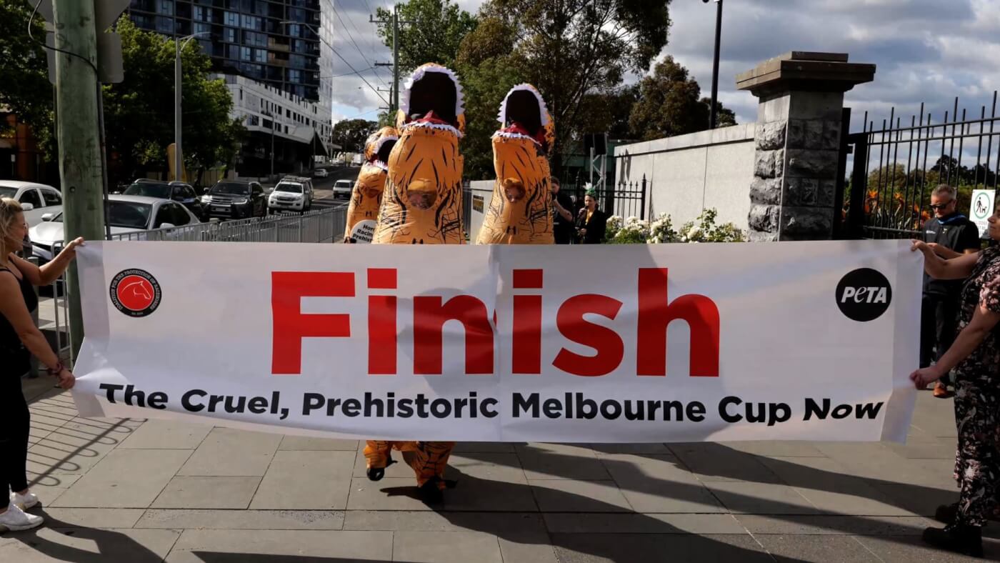 ‘Dinosaur’ Dash at Flemington Protests Melbourne Cup