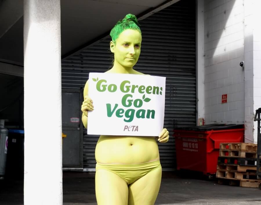 Bodypainted Protester Tells Auckland Butcher, ‘Go Green: Go Vegan’