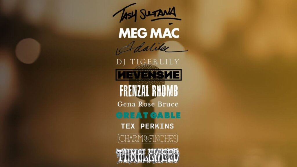 Artists logos on the image: Tex Perkins, Meg Mac, Tash Sultana, Adalita, Tigerlily, Frenzal Rhomb, Gena Rose Bruce, Great Gable, Heavenshe, and Tumbleweed.