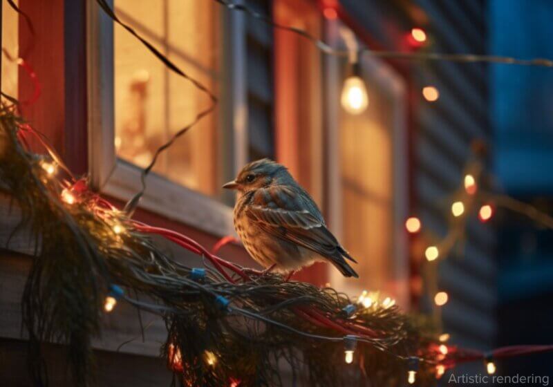 Bird sitting on outdoor Christmas decorations