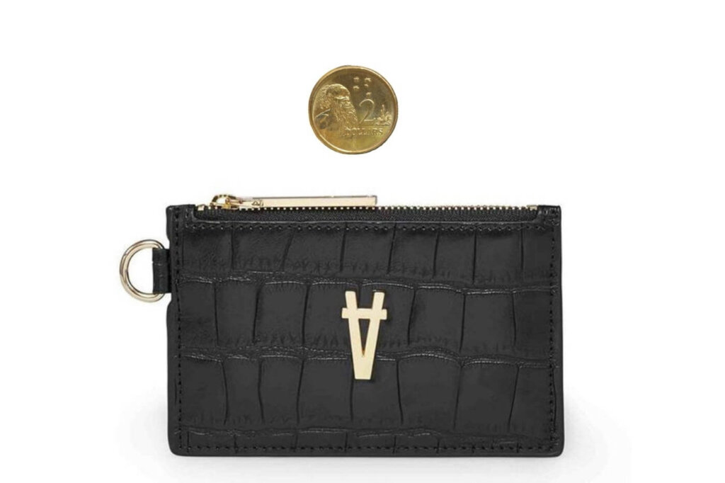 A Sans Beast vegan wallet with a two dollar coin