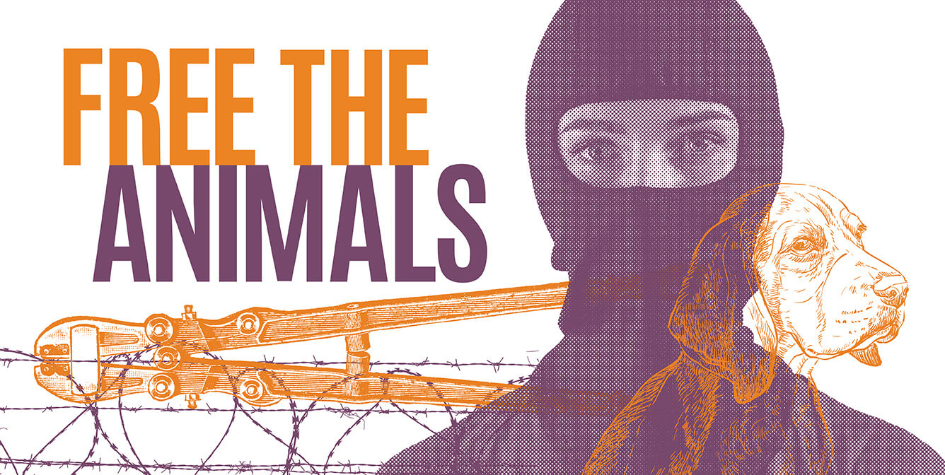 person in a balaclava with text that reads, "free the animals"