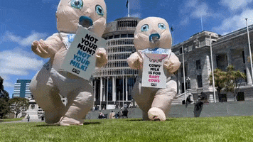 giant babies run around the lawn at Parliament house.
