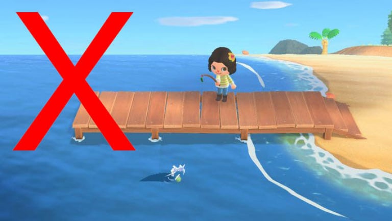 A screenshot of someone fishing in Animal Crossing.