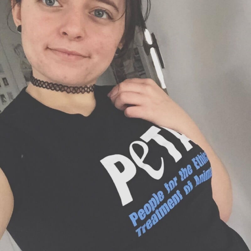 Kaila Mackay wears PETA t shirt