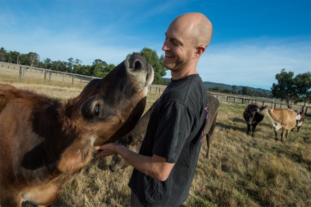 Kyle Berhred and Mixie, a rescued cow, at Edgar's Mission.