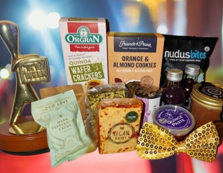 Image shows Gold Logie award and vegan hamper goodies