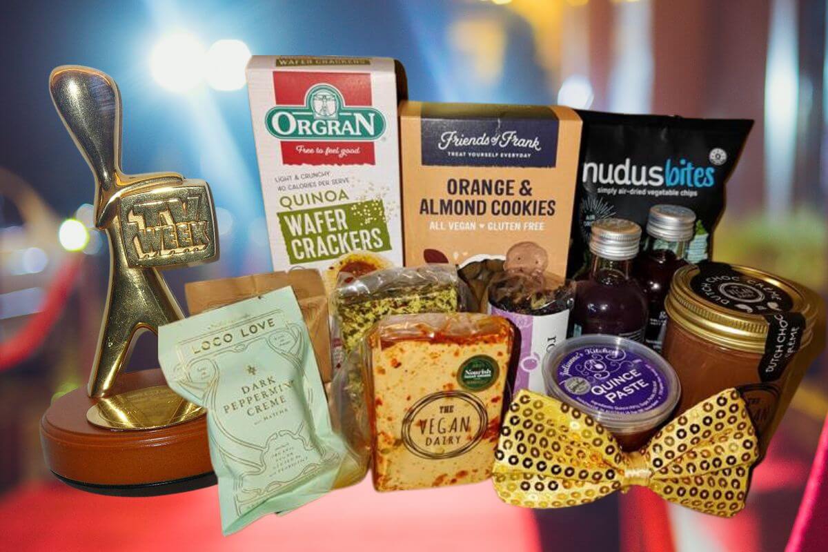 Image shows Gold Logie award and vegan hamper goodies