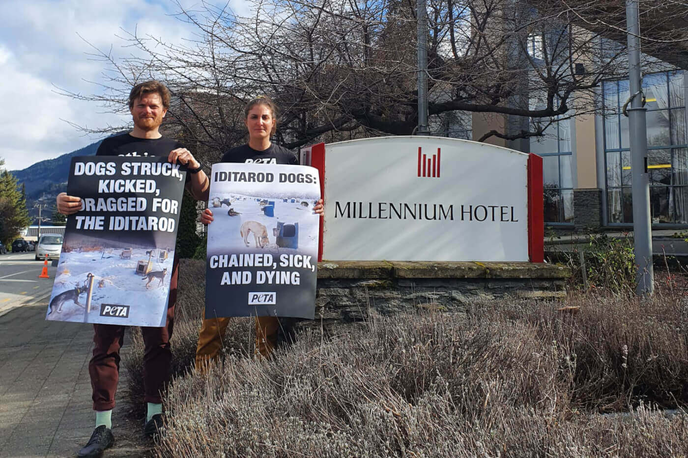 A protest outside Millennium Hotel in Queenstown, New Zealand