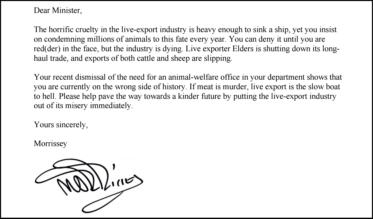 Morrissey Letter to Barnaby Joyce - PETA