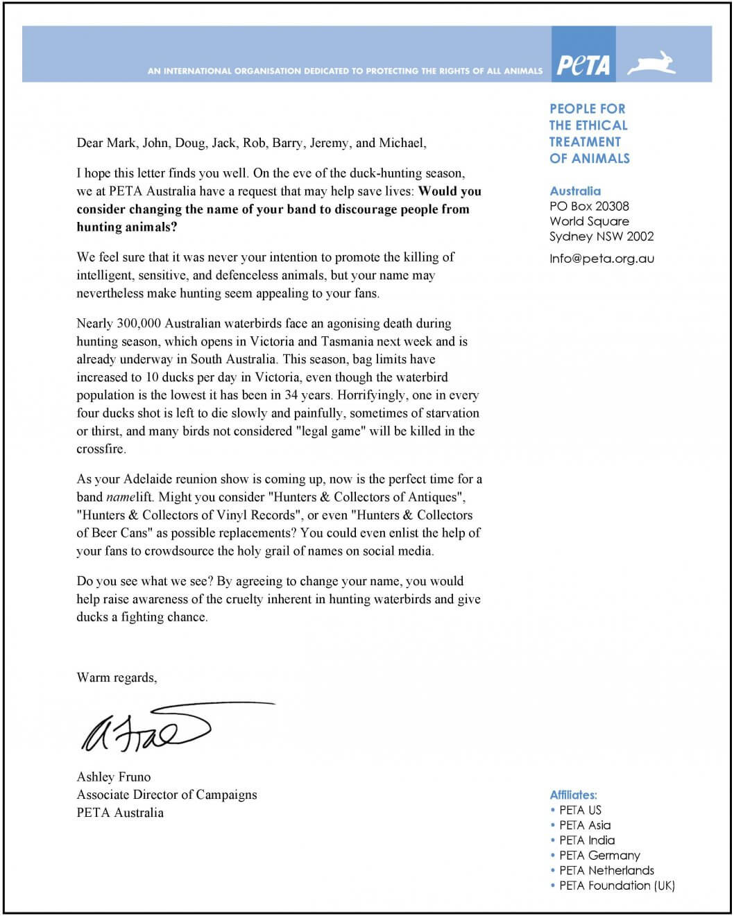 PETA Letter to Hunters & Collectors