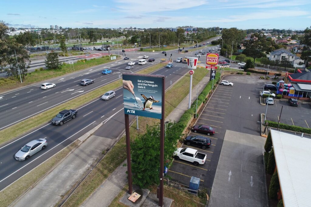 The ad depicts a baby penguin running from a giant fork, and reads “Eat a Chicken and The Penguin Gets It. Factory Farms Are Incubators for Deadly Diseases Which Are Killing Wild Birds”.