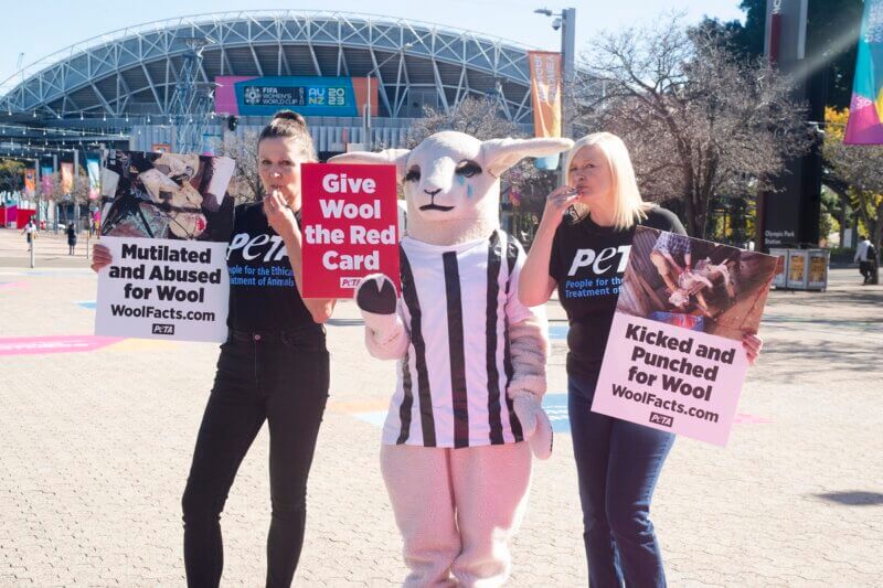 Crowds entering Stadium Australia on the opening day of the FIFA Women’s World Cup were confronted by PETA’s sheep mascot, Lucy, and her anti-wool message.