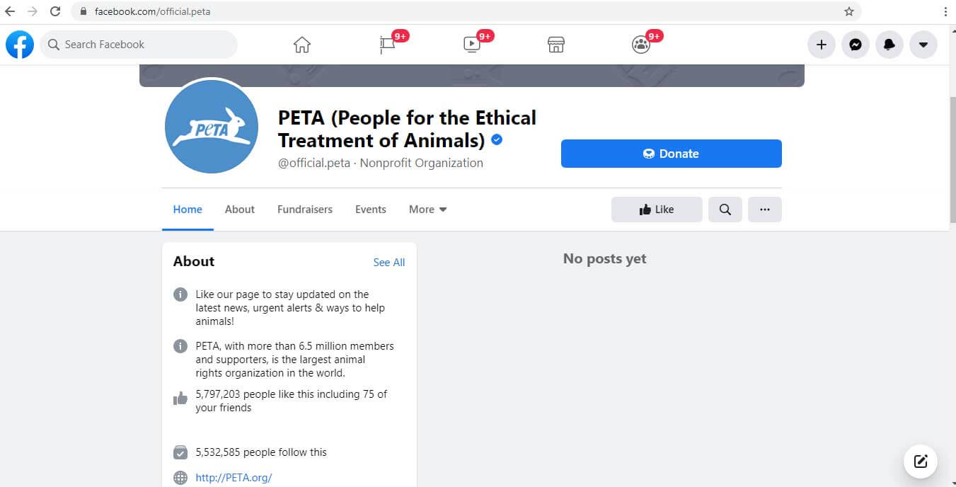 A screenshot of what PETA US' Facebook page looks like in Australia.