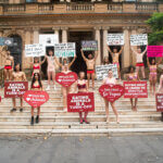 A group of 17 activists on the steps of Sydney Town Hall, all wearing underwear and holding various signs.
