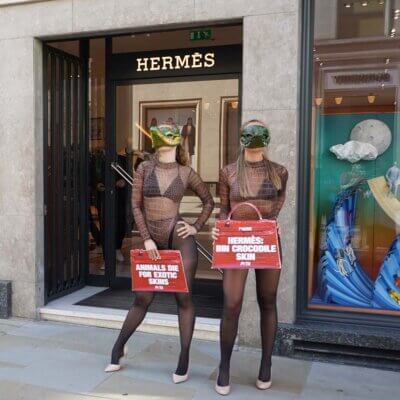 Protesters outside the Hermès store in London.