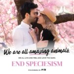 Chris and Aleisha pose for a PETA ad against speciesism
