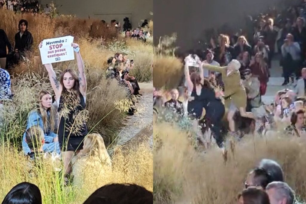 A PETA entity supporter stormed the runway, brandishing a sign that read, “Hermès: Drop Exotic Skins.”