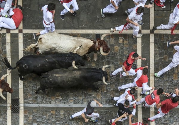 A photo of the Running of the Bulls.