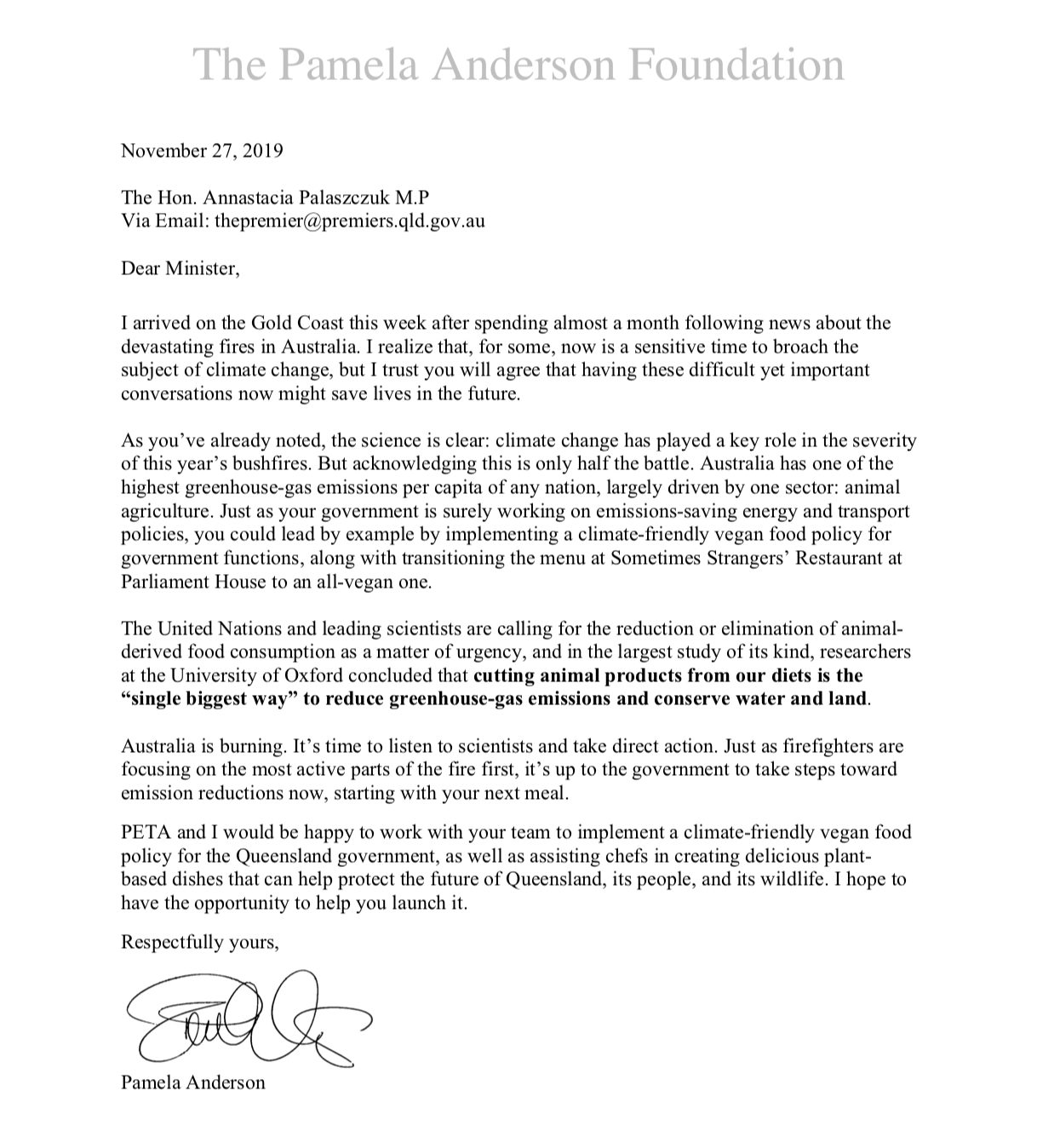 Pamela Anderson's letter to the Queensland Premier.