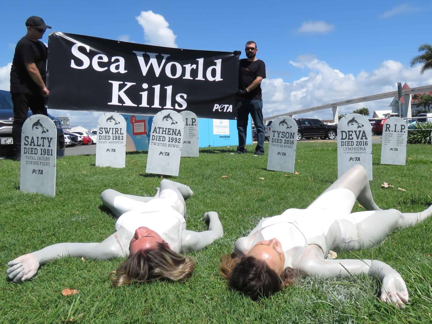 two activists painted grey and white lie under a banner which reads "Sea World Kills"