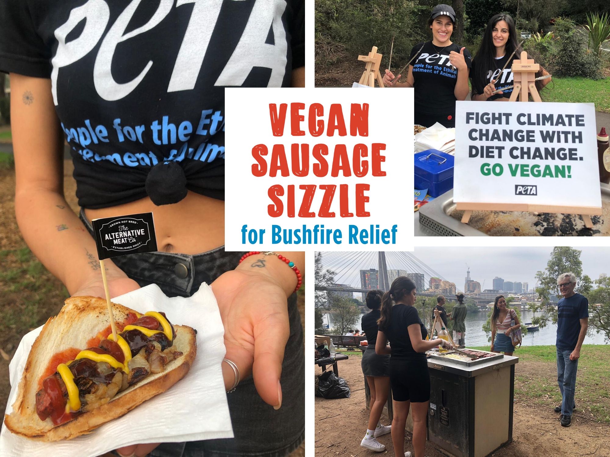 A photo collage from PETA's vegan sausage sizzle for the Australian bushfires