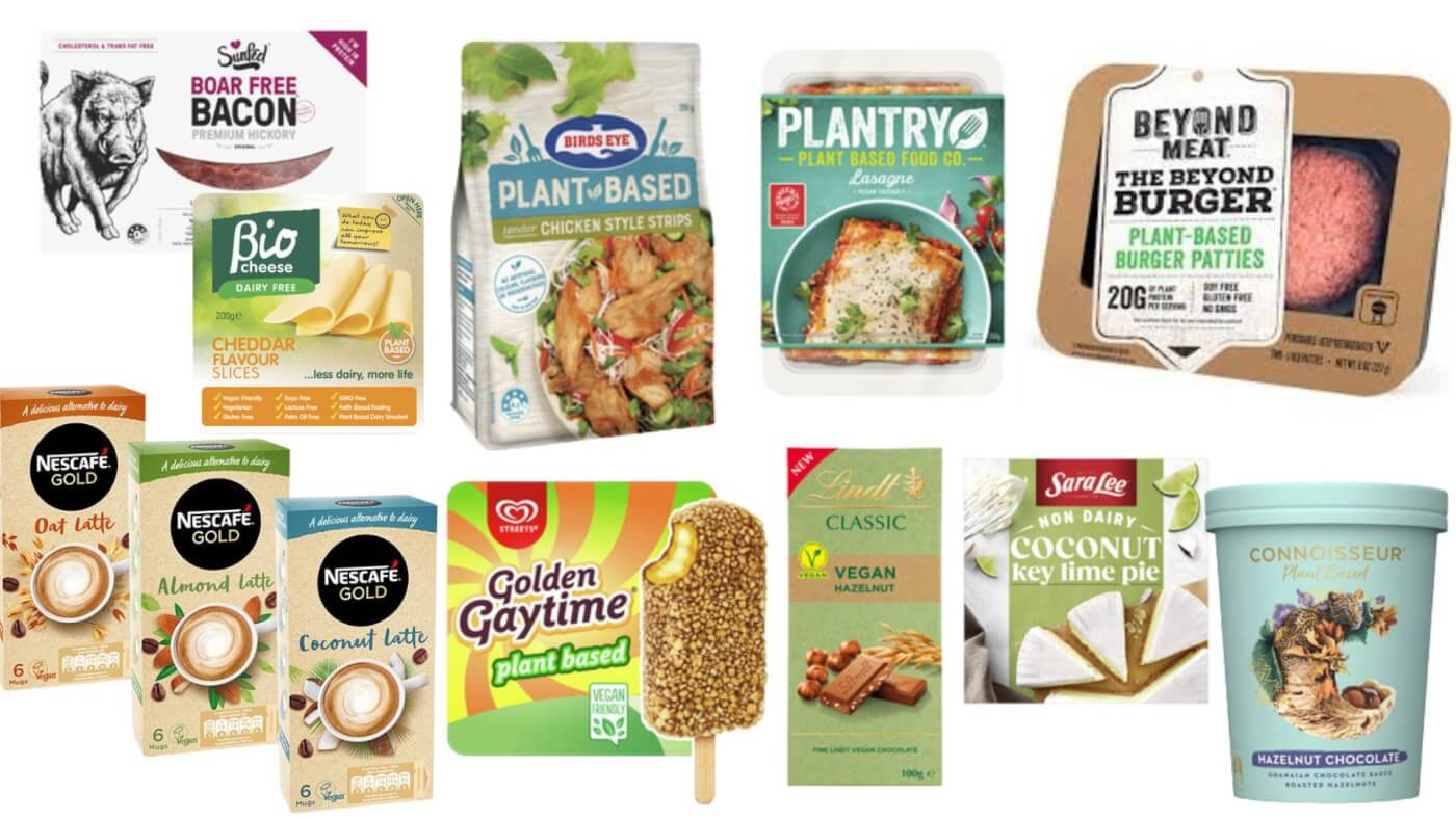 Top from left to right: Sunfed Boar Free Bacon, Bio Cheese Slices, Birds Eye Plant Based Chicken Style Strips, Plantry Plant Based Lasagne, Beyond Meat Burgers. Bottom left to right: Nescafe Oat Almond and Coconut Latte, Plant Based Golden Gaytime, Lindt Vegan Chocolate, Sara Lee Key Lime Vegan Pie, Connoisseur Plant Based Ice Cream Tub.
