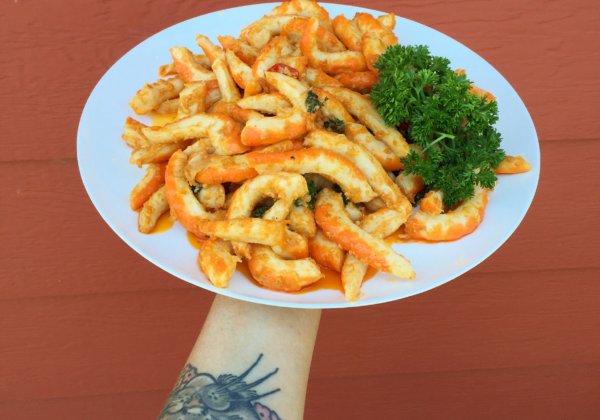 A plate of vegan prawns.