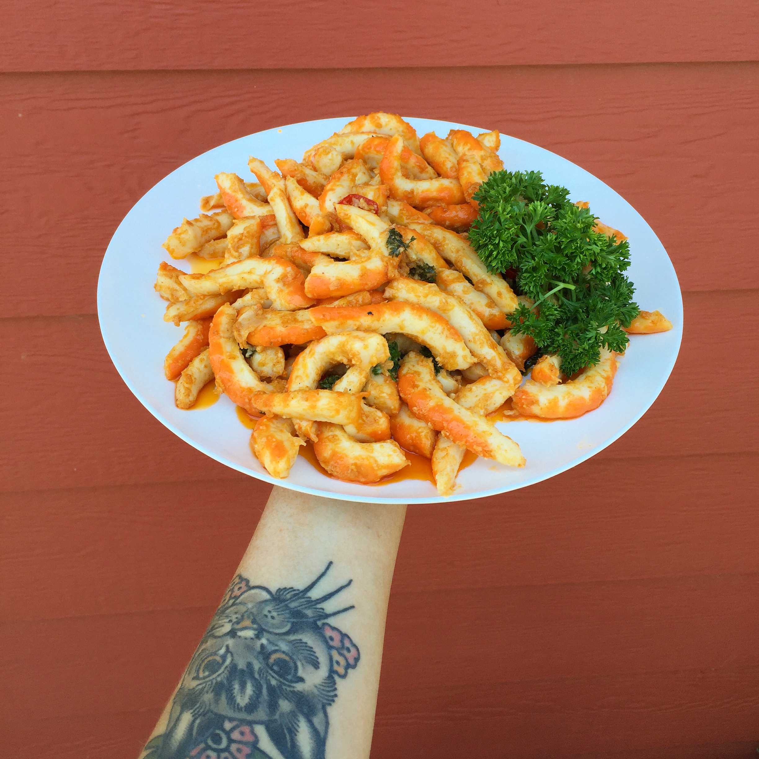 A plate of vegan prawns.