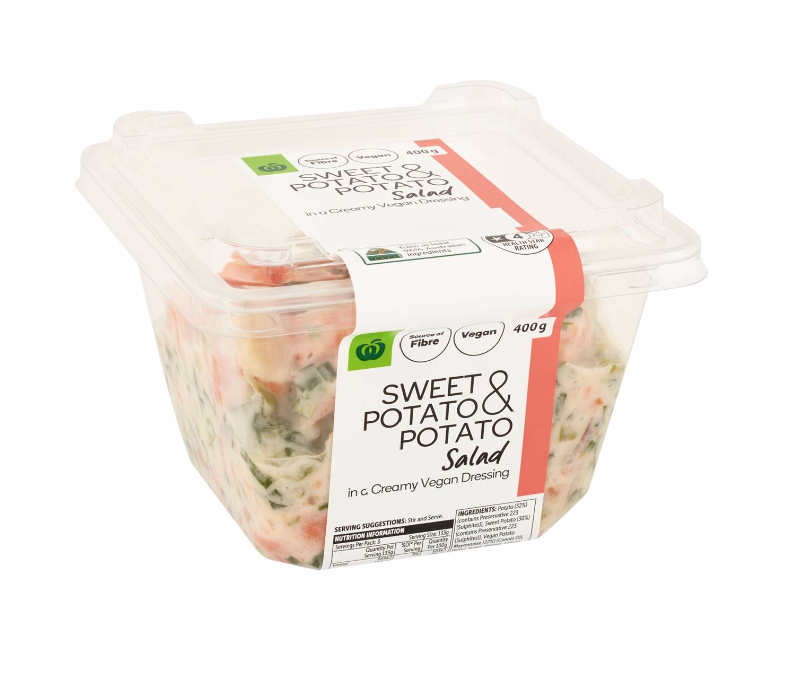 A photo of a pre-made vegan potato salad that's available at Woolworths.