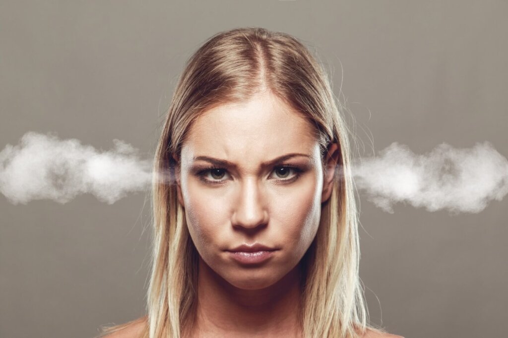 A photo of steam coming out of a woman's ears.