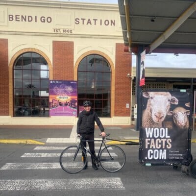 Bicycle billboard with "Wool Facts.com" at Bendigo Station.