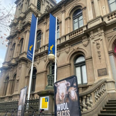 Bicycle billboard with "Wool Facts.com" in the centre of Bendigo.