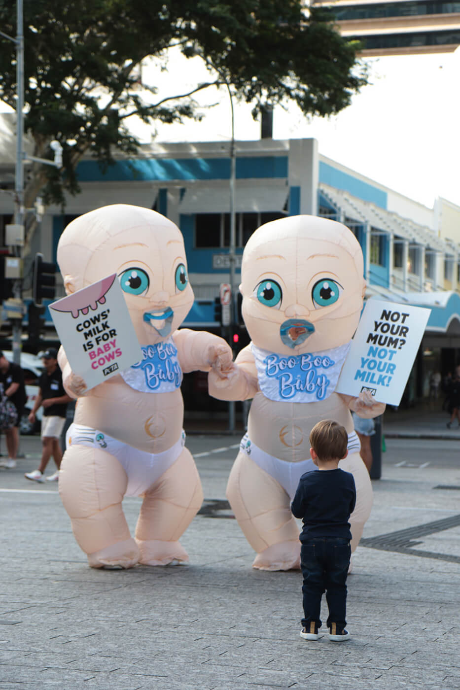 a child looks at two giant inflatable babies.