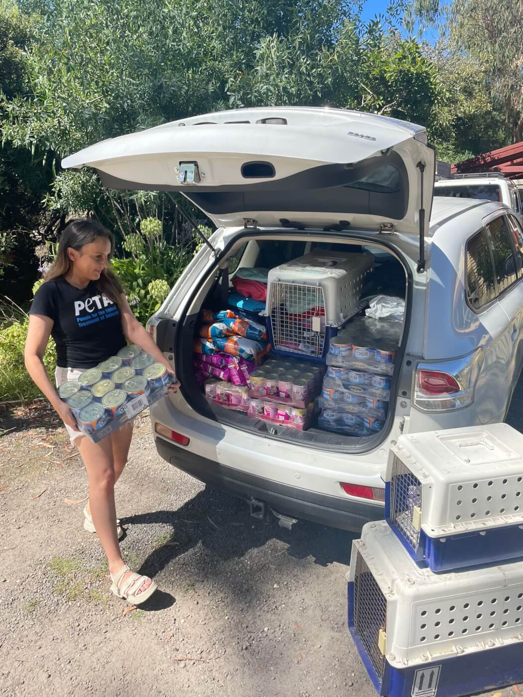 Olivia fills a car with supplies for flooded areas.