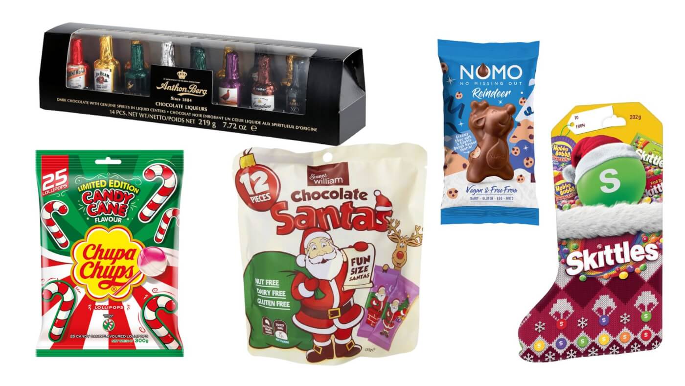Candy Cane Chupa Chups, Sweet William Santas, Anthon Berg Liquor Filled Dark Chocolates, Nomo Reindeer, Skittles Stocking