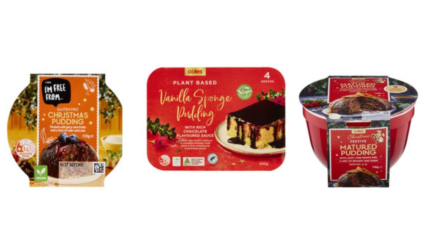 Vegan Christmas puddings available at Australian supermarkets. 
