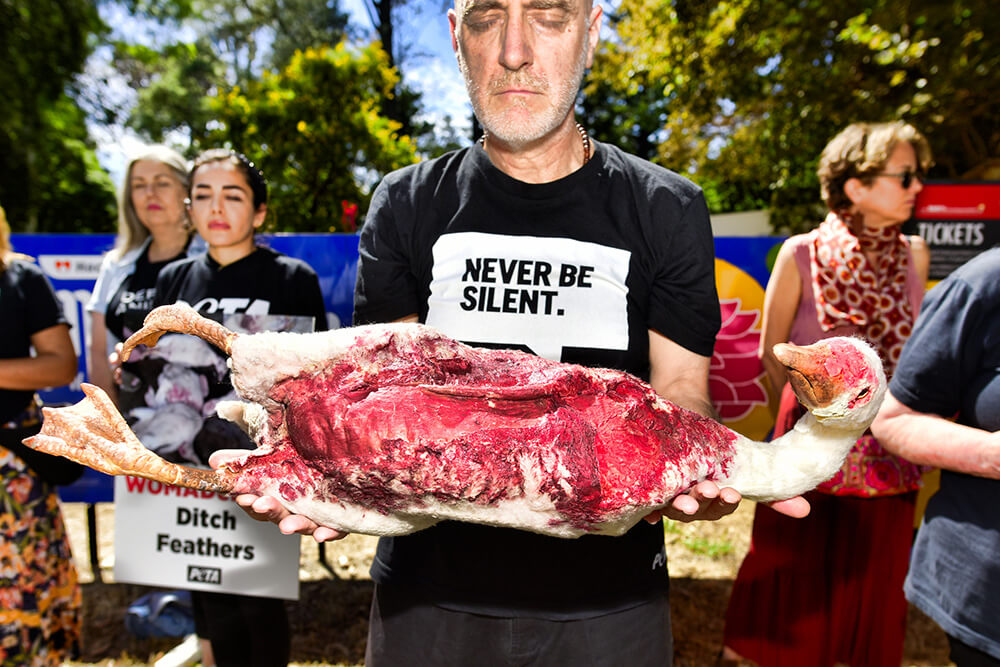 A man holds a prop goose that has had feathers plucked leaving bloody, raw skin.